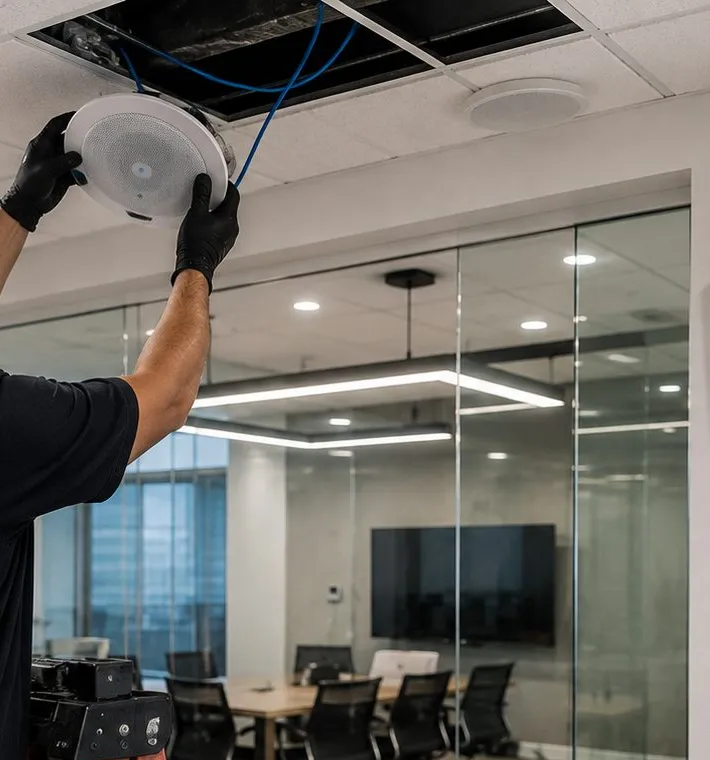 Sonos installation Battery Park City, Manhattan: gloved hands lifting a round white ceiling speaker into an opened ceiling tile in front of a glass-walled meeting room with a wall screen