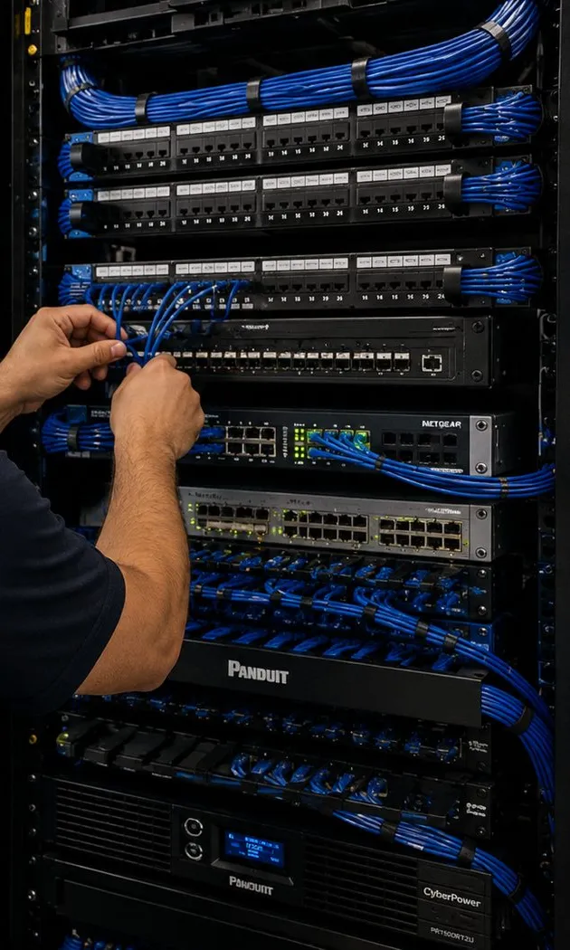 Sonos installation Battery Park City, Manhattan: a black equipment rack filled with patch panels, network switches and neatly dressed blue patch cables, a gloved hand seating a cable