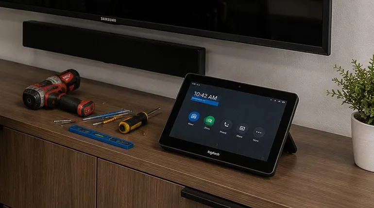 Sonos installation Battery Park City, Manhattan: a black soundbar fixed to the wall just under a flat screen, above a wood media console with a drill, screwdrivers, a blue level and a tablet control panel