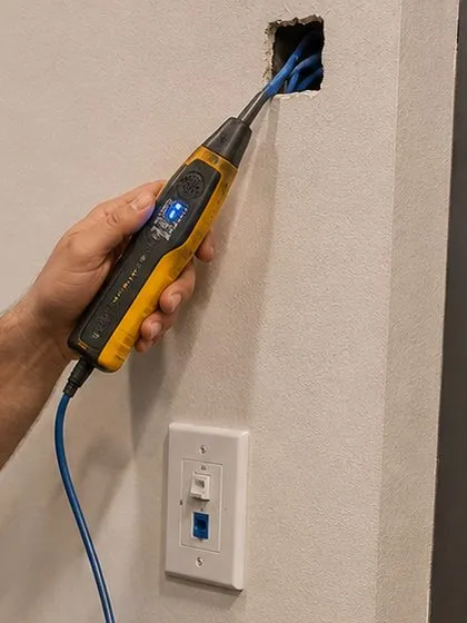 Sonos installation Battery Park City, Manhattan: a hand holding a yellow tone probe against blue cables coming out of a small opening high on a white wall, a wall plate with a network jack below