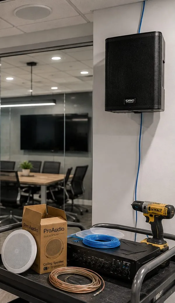 Sonos installation Battery Park City, Manhattan: a black wall speaker on a white wall above a service cart holding a round ceiling speaker, its carton, an amplifier, a coil of blue cable and a drill