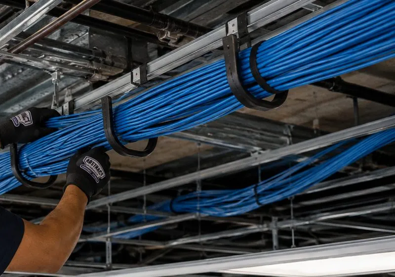 Brooklyn Heights, Brooklyn Sonos cable routing: thick bundles of blue cable resting in black hooks below a ceiling deck with ducts and pipes, a gloved hand guiding the bundle