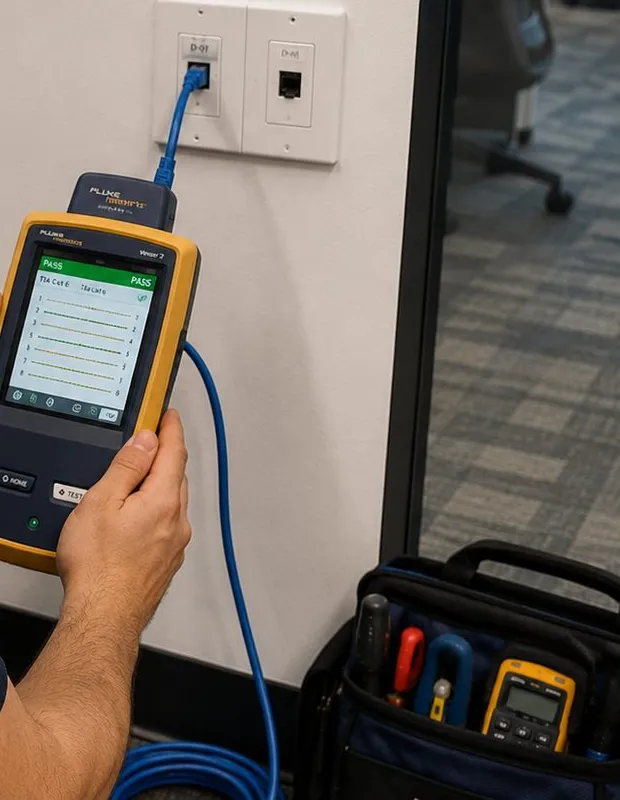 Testing a network jack for Sonos in Brooklyn Heights, Brooklyn: a hand holding a yellow cable tester showing a pass result, its blue lead plugged into a white wall plate