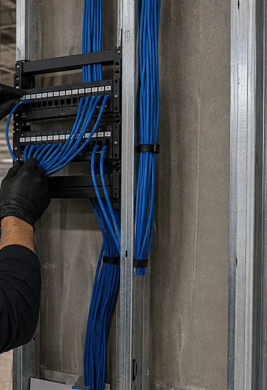 Sonos network cabling in Brooklyn Heights, Brooklyn: bundles of blue cable dressed up the face of a bare concrete column beside a metal stud, terminating in a small patch panel on a bracket
