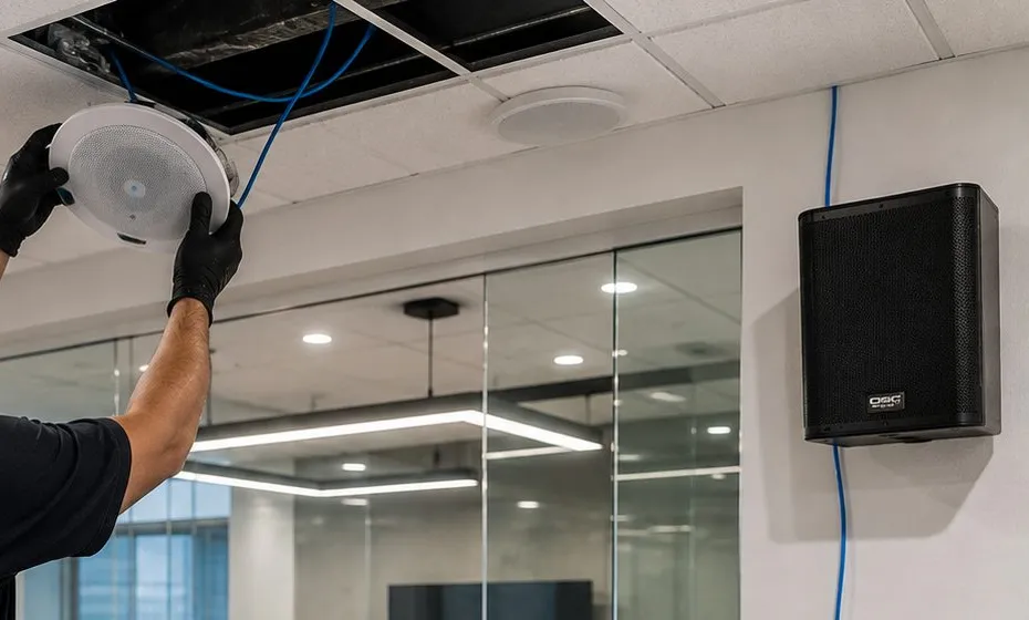 Sonos installation Brooklyn Heights, Brooklyn: gloved hands lifting a round white ceiling speaker toward an open ceiling panel, with a black box speaker hung on the white wall to the right and a blue cable running down beside it