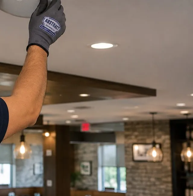 Brooklyn Heights, Brooklyn business Sonos setting: a gloved arm reaching up to ceiling work above a restaurant dining room with a dark wood bulkhead, pendant lights and an exposed brick wall