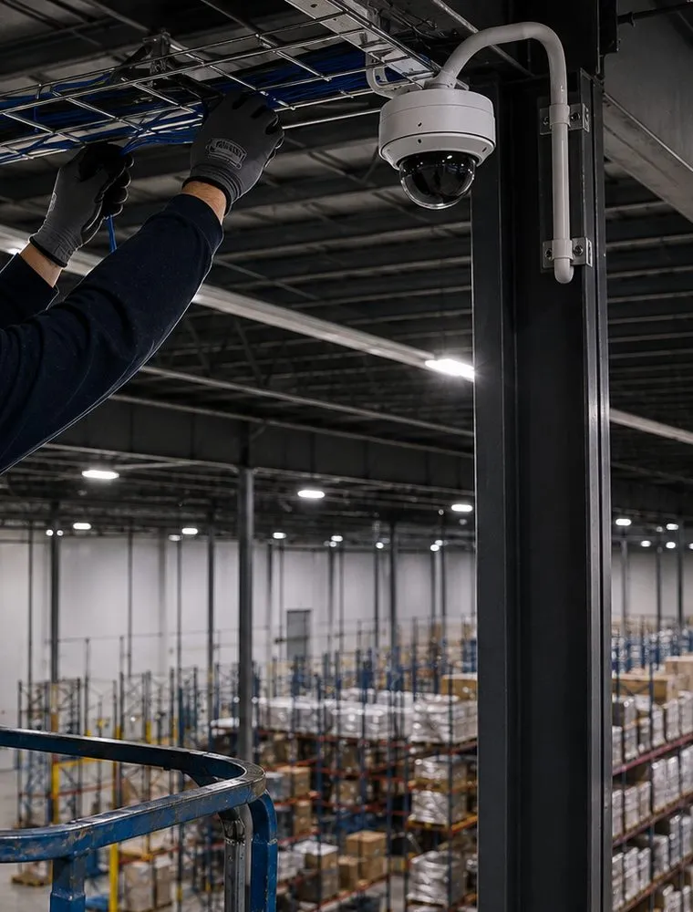 Brooklyn Heights, Brooklyn Sonos cabling context: gloved hands working at a wire cable tray under a high steel-framed ceiling, a dome camera on a bracket on a dark column, and rows of storage racks far below