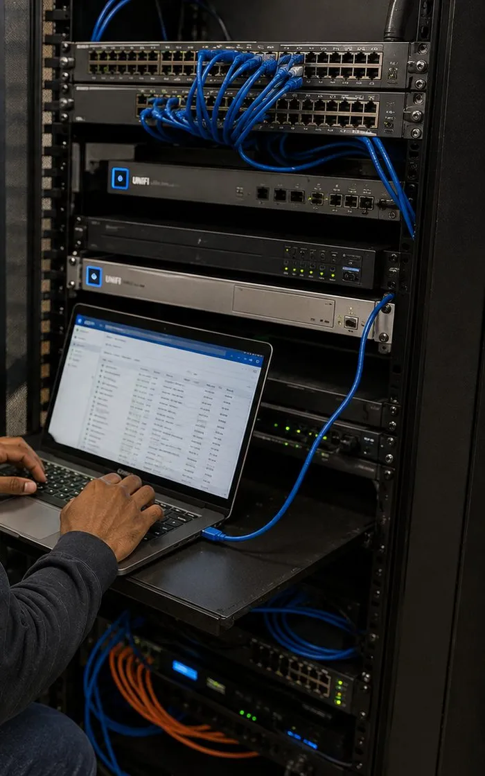 Network equipment for Brooklyn Heights, Brooklyn Sonos systems: a black rack of switches and patch panels with blue cables, and a laptop on a pull-out shelf showing a configuration screen