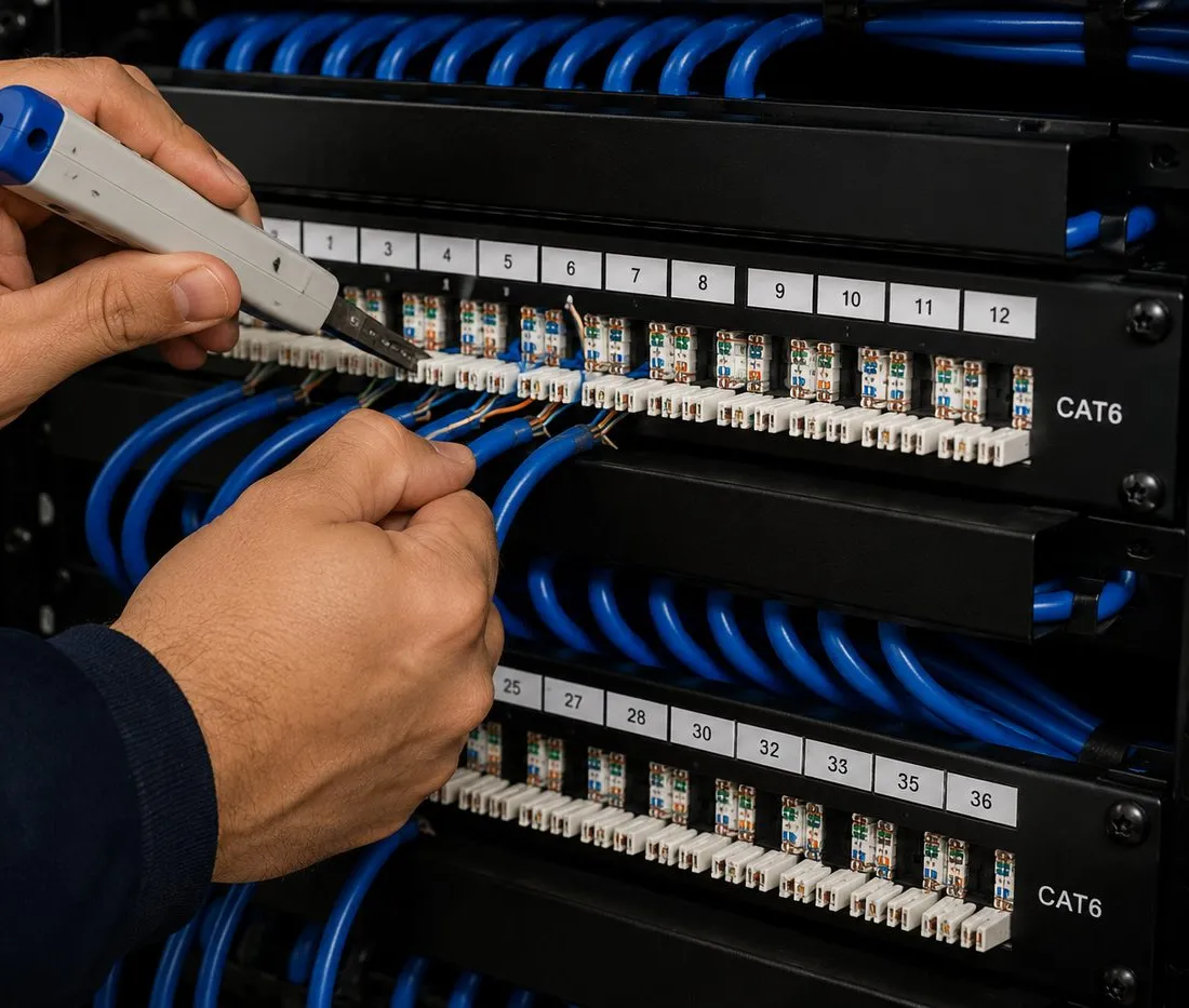 Brooklyn Heights, Brooklyn Sonos network cabling: hands using a punch-down tool to terminate blue cables on a numbered Cat6 patch panel in a black rack