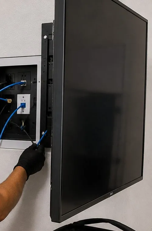TV wall wiring for a Brooklyn Heights, Brooklyn Sonos soundbar: a gloved hand feeding a blue cable into a recessed wall box with a white outlet plate, beside the edge of a wall-mounted flat screen