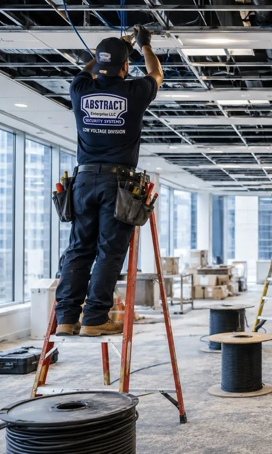 Sonos cable work for Brooklyn Heights, Brooklyn: a technician seen from behind on an orange ladder pulling blue cable from an open ceiling grid, with cable reels on the floor and tall windows to the left