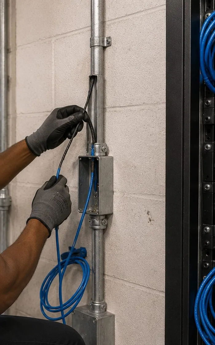 Cable pulled from a conduit box on a block wall — City Island, Bronx Sonos installation Sonos installation City Island, Bronx: gloved hands pulling black and blue cable out of a metal conduit box on a painted block wall, an equipment rack with blue cables at the right