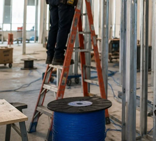 Cable spool, stepladder and open stud wall — City Island, Bronx Sonos installation Sonos installation City Island, Bronx: spool of blue cable on the floor of an open renovation beside an orange stepladder, a worker's legs on the ladder and rows of bare metal studs