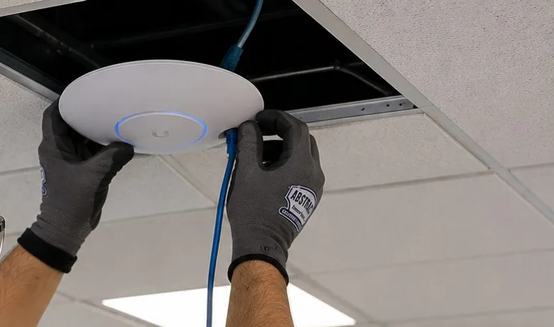 Wireless access point fitted under an open ceiling tile — City Island, Bronx Sonos installation Sonos installation City Island, Bronx: gloved hands holding a round white wireless access point with a blue light ring under an open ceiling tile, a blue network cable plugged into it