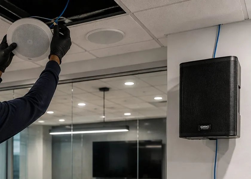 Ceiling speaker raised beside a wall-mounted box speaker — City Island, Bronx Sonos installation Sonos installation City Island, Bronx: gloved hands raising a round white ceiling speaker into an open ceiling tile beside a black box speaker mounted high on a white wall