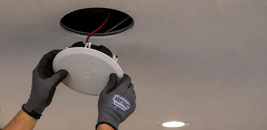 Round ceiling speaker pressed toward its cut-out — City Island, Bronx Sonos installation Sonos installation City Island, Bronx: gloved hands pressing a round white ceiling speaker up toward a circular opening with red speaker wire, a recessed light in the smooth ceiling nearby