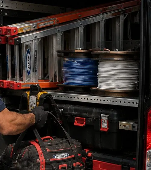 Work van with ladders, cable spools and tool cases — City Island, Bronx Sonos installation Sonos installation City Island, Bronx: inside a work van, ladders racked above spools of blue and white cable, red and black tool cases below and a gloved hand lifting a tool bag