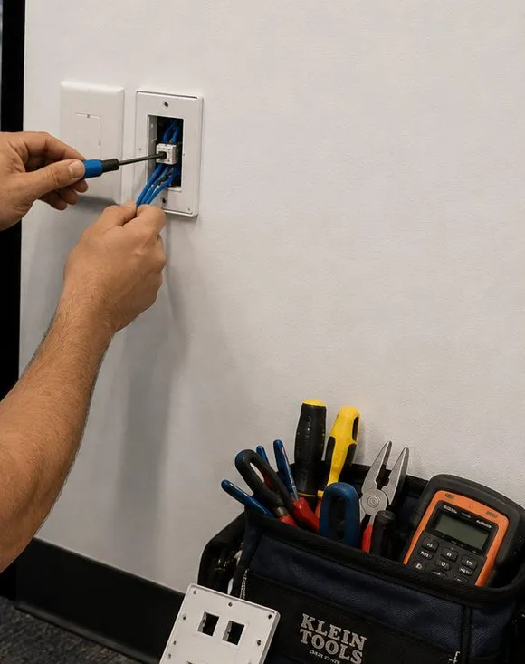 Network jack seated in a white wall plate — City Island, Bronx Sonos installation Sonos installation City Island, Bronx: hands seating a network jack into an open white wall plate with a screwdriver, a tool bag holding pliers, screwdrivers and an orange meter below
