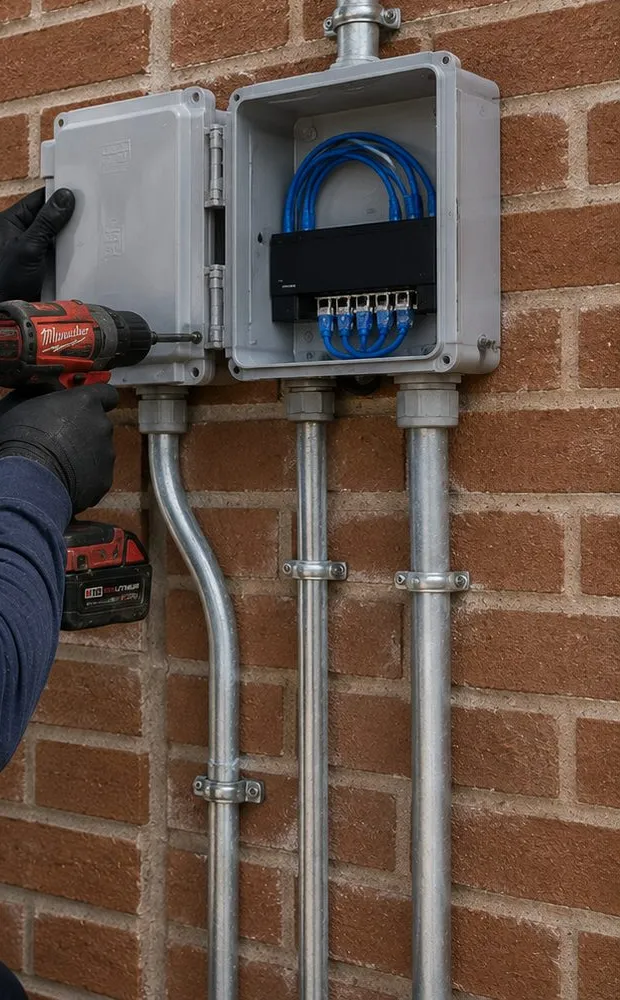 Weatherproof boxes and conduit on a brick wall — City Island, Bronx Sonos installation Sonos installation City Island, Bronx: two grey weatherproof boxes on a red brick wall, one open with blue cables inside, metal conduit running down and a gloved hand with a drill at the left