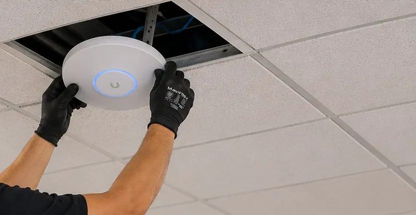 Wireless access point pressed into a ceiling tile — Cobble Hill, Brooklyn Sonos installation Sonos installation Cobble Hill, Brooklyn: gloved hands pressing a round white wireless access point with a glowing blue ring up into an open ceiling tile