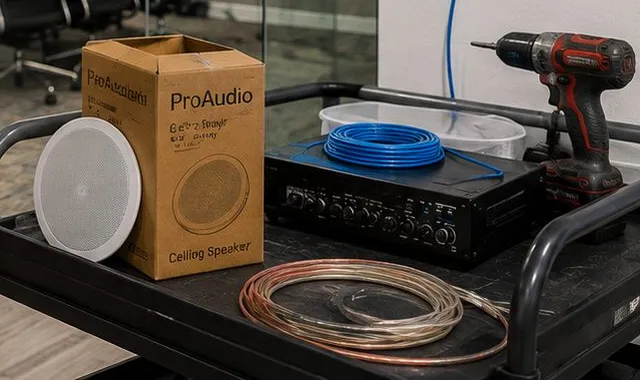 Speaker, amplifier and wire laid out on a cart — Cobble Hill, Brooklyn Sonos installation Sonos installation Cobble Hill, Brooklyn: tool cart with a round ceiling speaker, its cardboard box, an amplifier, a coil of blue cable, clear speaker wire and a cordless drill