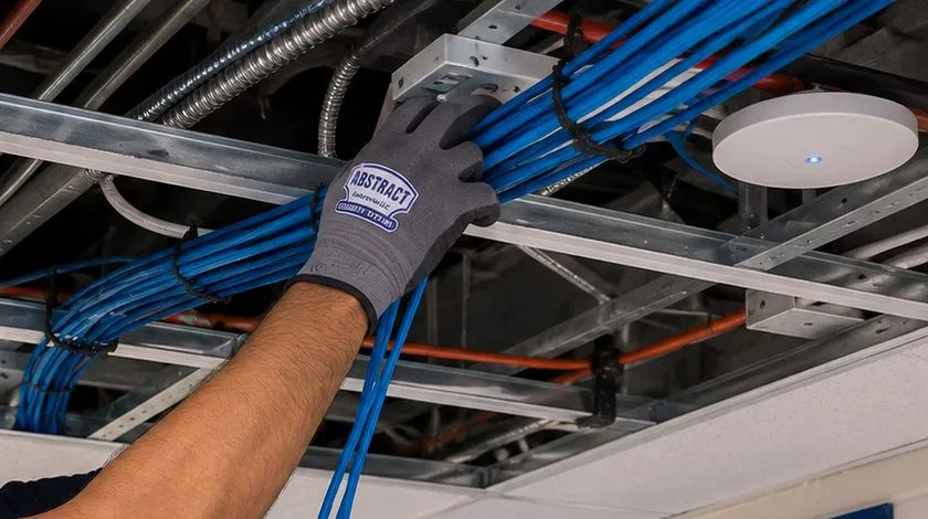 Network cable bundle beside a ceiling access point — Cobble Hill, Brooklyn Sonos installation Sonos installation Cobble Hill, Brooklyn: gloved hand guiding a bundle of blue network cables along a ceiling frame beside a round white access point