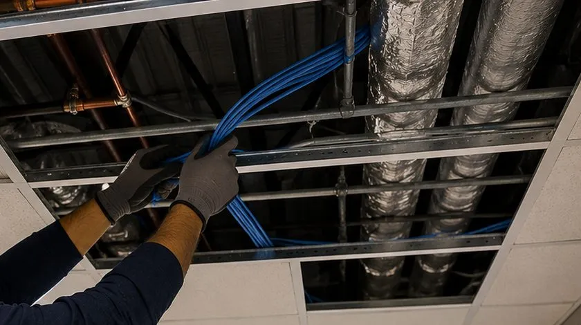Cable fed across an open ceiling grid — Cobble Hill, Brooklyn Sonos installation Sonos installation Cobble Hill, Brooklyn: gloved hands feeding a bundle of blue cable across an open suspended-ceiling grid beside foil ductwork and copper pipe