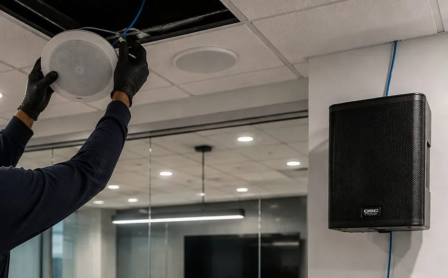 Ceiling speaker going up beside a wall cabinet speaker — Cobble Hill, Brooklyn Sonos installation Sonos installation Cobble Hill, Brooklyn: gloved hands lifting a round white ceiling speaker into an open ceiling tile, a black cabinet speaker on the wall to the right