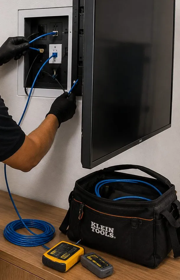 Recessed wall box wired beside a mounted screen — Cobble Hill, Brooklyn Sonos installation Sonos installation Cobble Hill, Brooklyn: gloved hands connecting blue network cables inside a recessed wall box beside a wall-mounted screen, a tool bag and two cable testers on a wooden counter