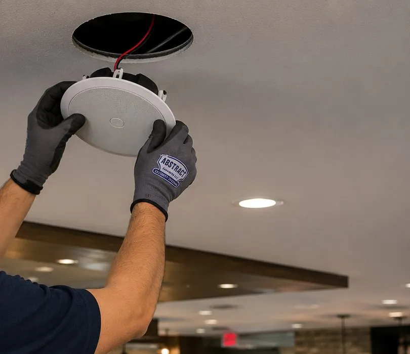 Ceiling speaker lifted to a round cut-out — Cobble Hill, Brooklyn Sonos installation Sonos installation Cobble Hill, Brooklyn: two gloved hands lifting a white round ceiling speaker toward a circular cut-out with red and black speaker wire hanging from it