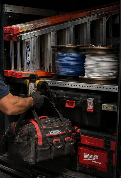 Work van shelves with ladders and cable spools — Cobble Hill, Brooklyn Sonos installation Sonos installation Cobble Hill, Brooklyn: inside a work van, ladders on a rack above spools of blue and white cable, a gloved hand lifting a tool bag beside red tool cases
