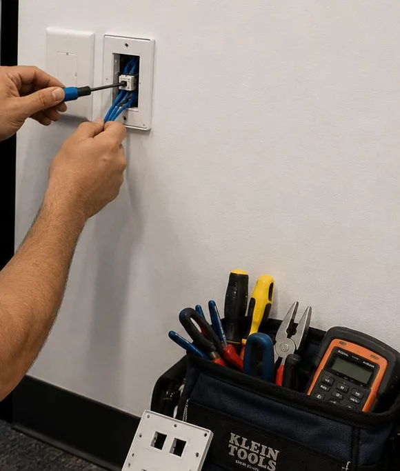 Network jack seated in a wall plate — Cobble Hill, Brooklyn Sonos installation Sonos installation Cobble Hill, Brooklyn: hands with a small screwdriver seating a network jack into a white wall plate, a tool bag with pliers and a meter below