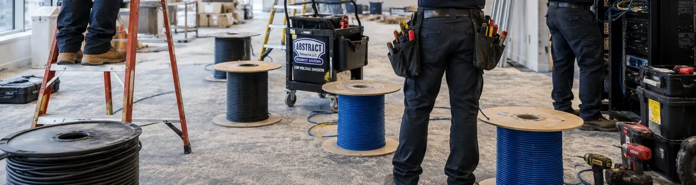 Cable reels, ladder and tool cart on a work-site floor — Country Club, Bronx Sonos installation Sonos installation Country Club, Bronx: reels of black and blue cable standing on a work-site floor beside a ladder, a tool cart and the legs of technicians