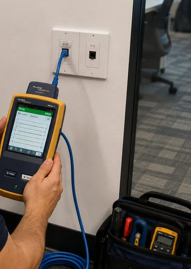 Cable tester showing a pass at a wall jack — Country Club, Bronx Sonos installation Sonos installation Country Club, Bronx: hand holding a yellow handheld cable tester showing a green pass screen, connected by blue cable to a white wall plate, with a tool bag and meter on the floor