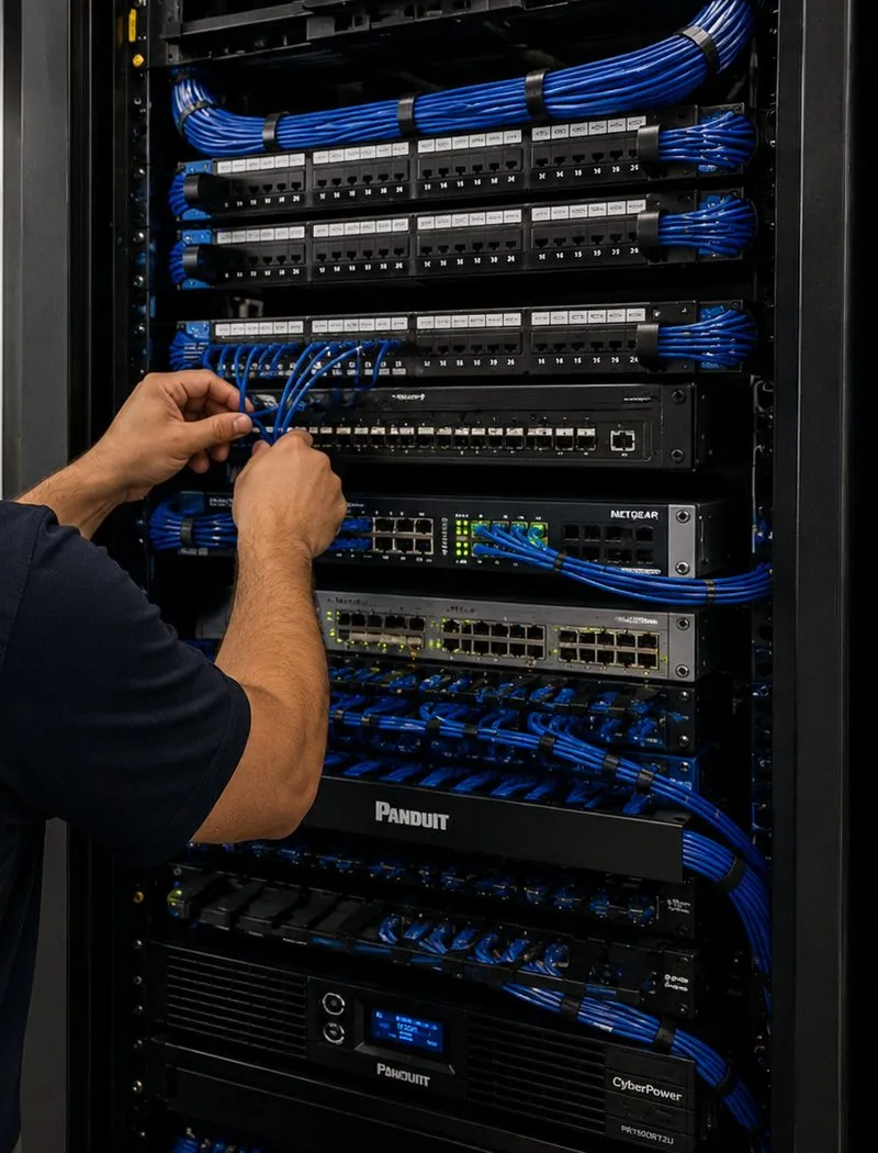 Patch cables plugged into switches in an equipment rack — Country Club, Bronx Sonos installation Sonos installation Country Club, Bronx: hands plugging short blue patch cables into switches in a black equipment rack filled with patch panels and blue cabling