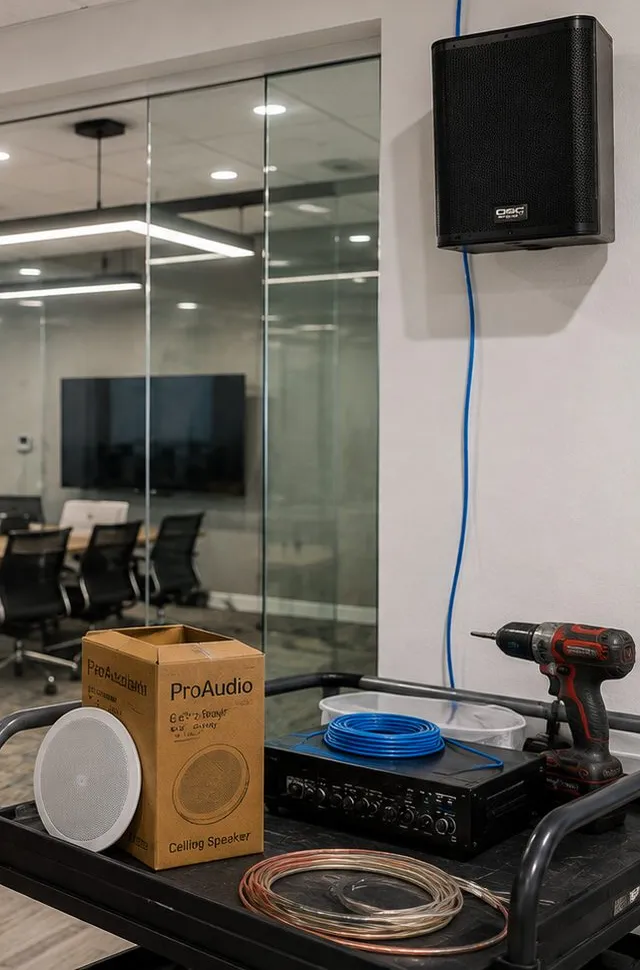 Wall speaker, boxed ceiling speaker and copper speaker wire — Country Club, Bronx Sonos installation Sonos installation Country Club, Bronx: black box speaker mounted high on a white wall with a blue cable running down to a cart holding a boxed ceiling speaker, a coil of copper speaker wire and a cordless drill