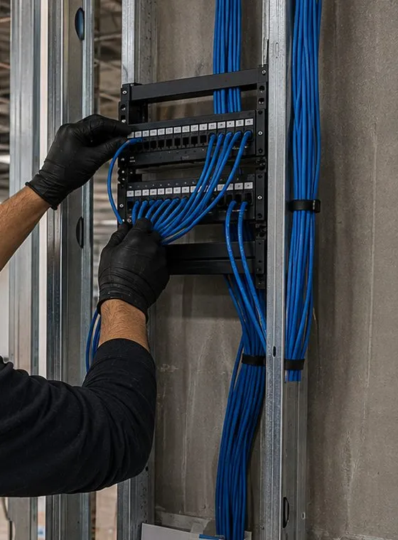 Small patch panel on a stud beside a column — Country Club, Bronx Sonos installation Sonos installation Country Club, Bronx: gloved hands dressing blue network cables into a small wall-mounted patch panel fixed to a metal stud beside a concrete column