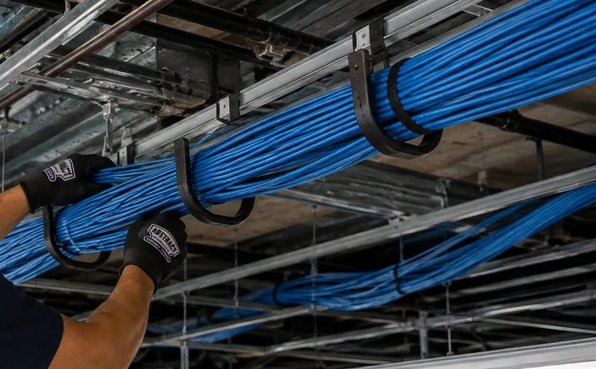 Cable bundle dressed into J-hooks above a ceiling grid — Ditmas Park, Brooklyn Sonos installation Sonos installation Ditmas Park, Brooklyn: gloved hands settling a thick bundle of blue cable into black J-hooks hung above an open ceiling grid
