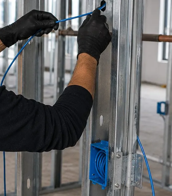 Blue cable pulled through a stud above a wall box — Ditmas Park, Brooklyn Sonos installation Sonos installation Ditmas Park, Brooklyn: black-gloved hands feeding blue cable through a hole in a steel stud above a blue low-voltage box holding a coil of cable