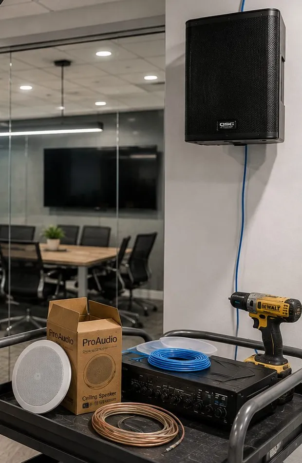 Ceiling speaker, amplifier and wire ready on a cart — Ditmas Park, Brooklyn Sonos installation Sonos installation Ditmas Park, Brooklyn: tool cart holding a round ceiling speaker, its box, an amplifier, blue cable and copper speaker wire below a black wall-mounted cabinet speaker