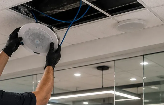 Ceiling speaker lifted into an open tile — Ditmas Park, Brooklyn Sonos installation Sonos installation Ditmas Park, Brooklyn: black-gloved hands lifting a round white ceiling speaker with blue cable into an open ceiling tile, a second speaker already fitted nearby