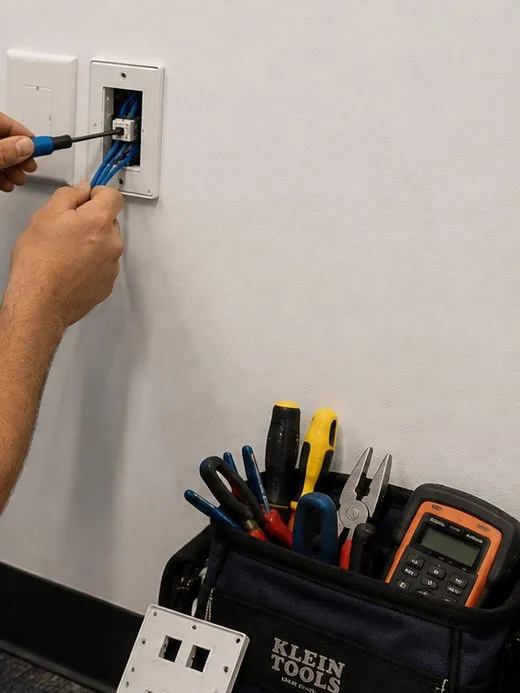 Network jack seated in a wall plate beside a tool bag — Ditmas Park, Brooklyn Sonos installation Sonos installation Ditmas Park, Brooklyn: hand turning a small screwdriver on a network jack inside a white wall plate above a tool bag of pliers, screwdrivers and an orange meter