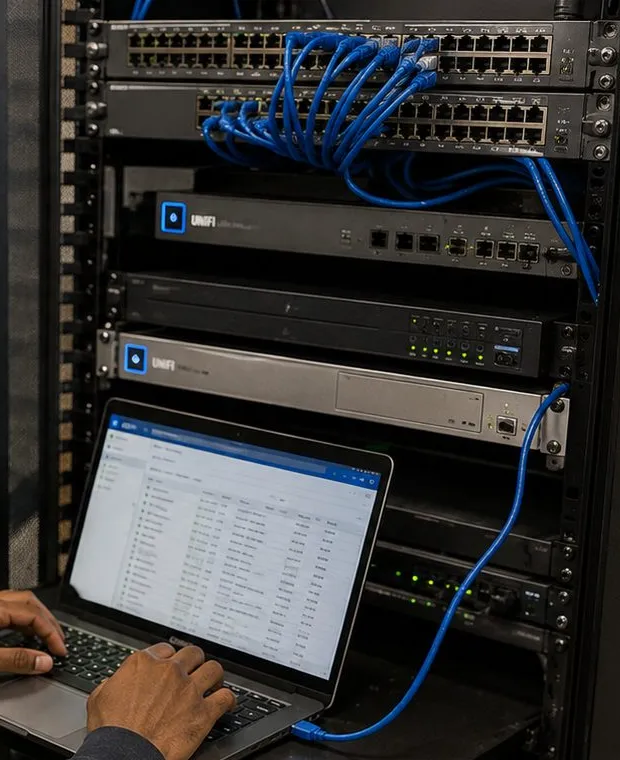 Network switches and laptop in an equipment rack — Ditmas Park, Brooklyn Sonos installation Sonos installation Ditmas Park, Brooklyn: hands typing on a laptop on a rack shelf beneath network switches dressed with blue patch cables