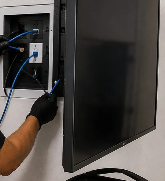 Recessed media box wired beside a mounted screen — Ditmas Park, Brooklyn Sonos installation Sonos installation Ditmas Park, Brooklyn: gloved hand plugging blue network cable into a recessed wall box with outlets and data ports beside the edge of a wall-mounted screen
