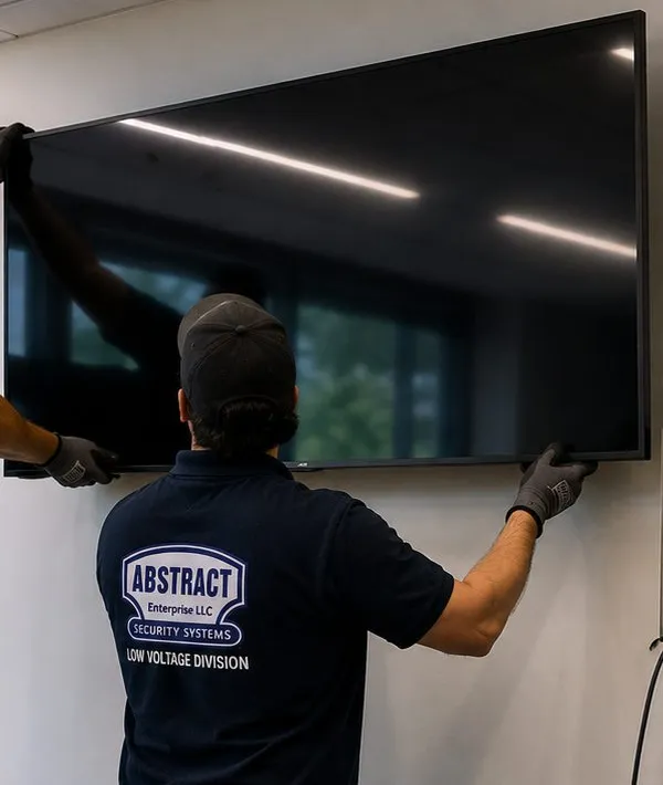 Large screen lifted onto a wall bracket — Ditmas Park, Brooklyn Sonos installation Sonos installation Ditmas Park, Brooklyn: installer seen from behind holding the lower edge of a large flat screen against a white wall, another pair of gloved hands steadying the other side