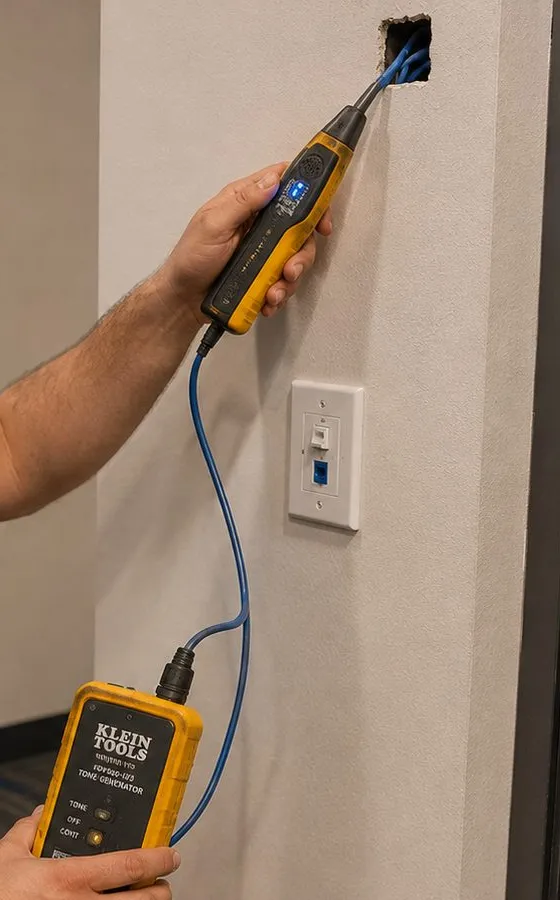 Tone probe tracing cable at a wall opening — Ditmas Park, Brooklyn Sonos installation Sonos installation Ditmas Park, Brooklyn: hand holding a yellow tone probe against blue cables in a small wall opening, the tone generator held below beside a white wall plate
