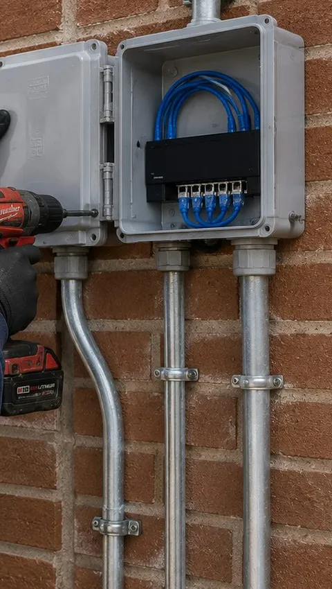 Weatherproof boxes and conduit on an outside wall — Ditmas Park, Brooklyn Sonos installation Sonos installation Ditmas Park, Brooklyn: two grey weatherproof boxes on a brick wall, one open to show a network switch and blue patch cables, metal conduit running down below