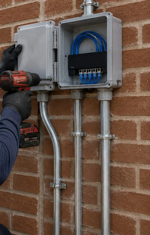 Sonos installation Douglaston, Queens: grey weatherproof boxes on a red brick wall with metal conduit running down from them, a gloved hand driving a screw with a cordless drill