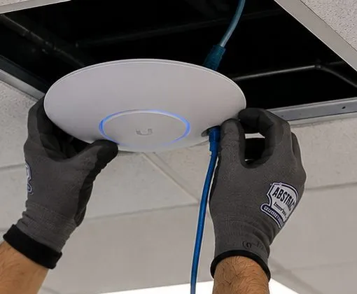 Sonos installation Douglaston, Queens: gloved hands seating a white round wireless access point against a ceiling tile while a blue network cable runs up into the open ceiling