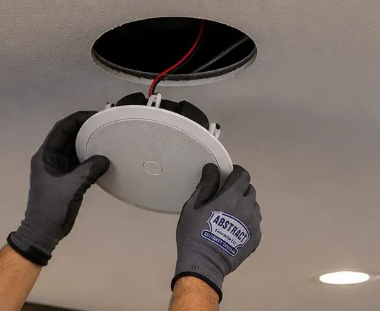 Sonos installation Douglaston, Queens: two gloved hands lifting a round white ceiling speaker toward a circular opening with a red lead hanging from it